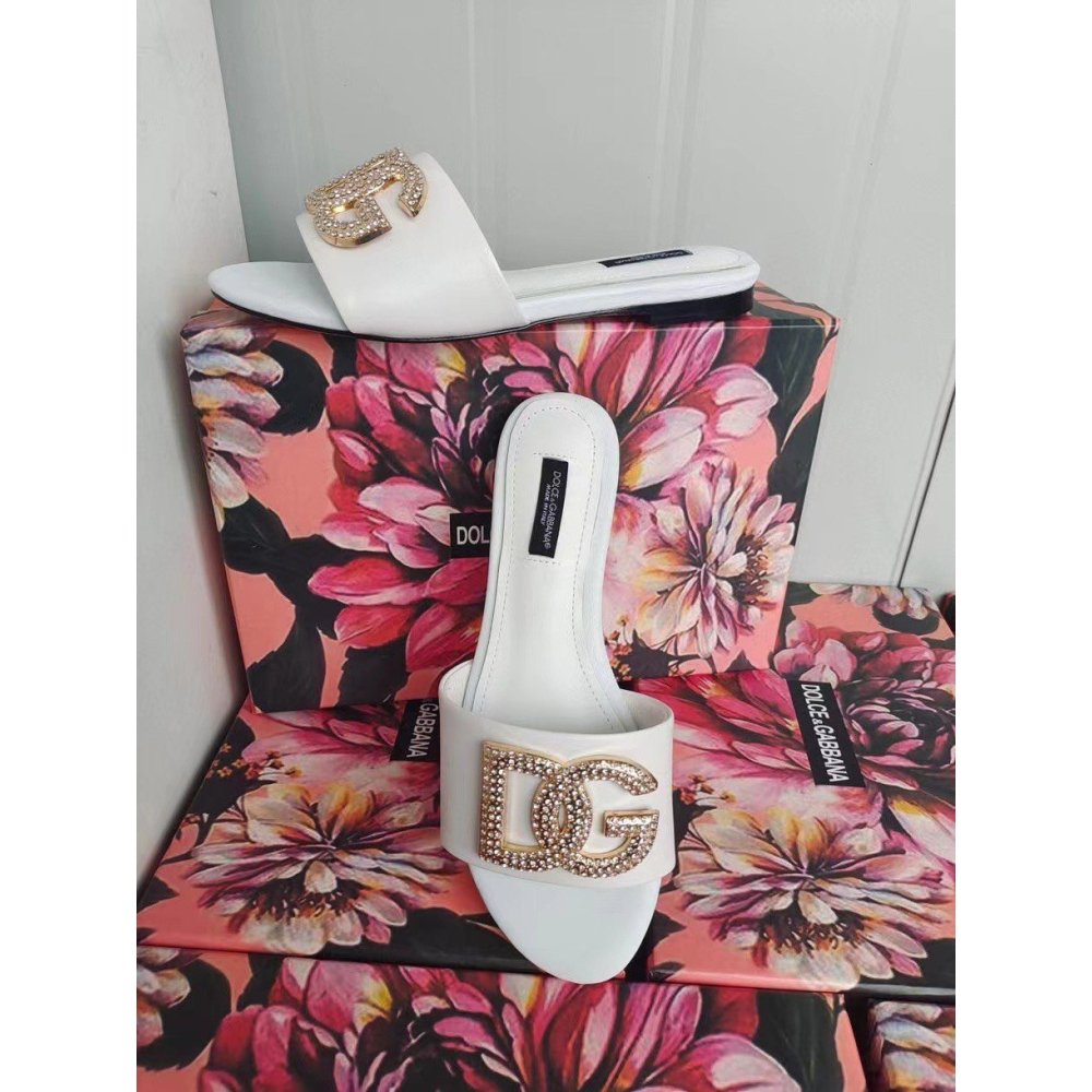Cheap Reps Dolce Gabbana White Slides with Rhinestone DG Logo
