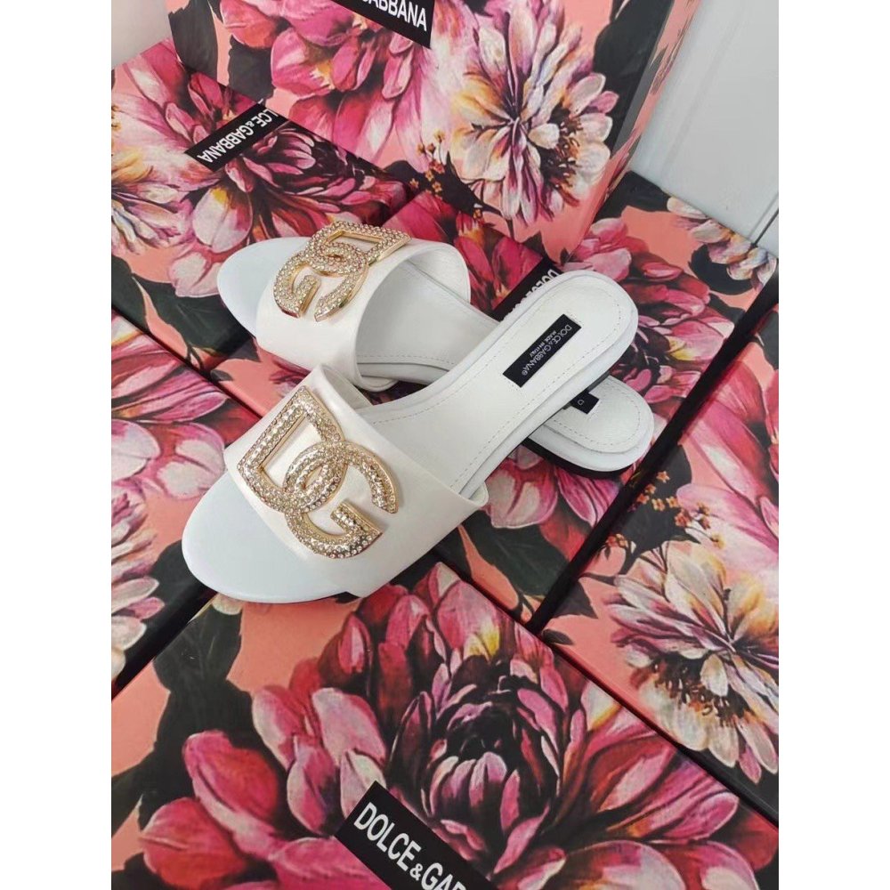 Cheap Reps Dolce Gabbana White Slides with Rhinestone DG Logo