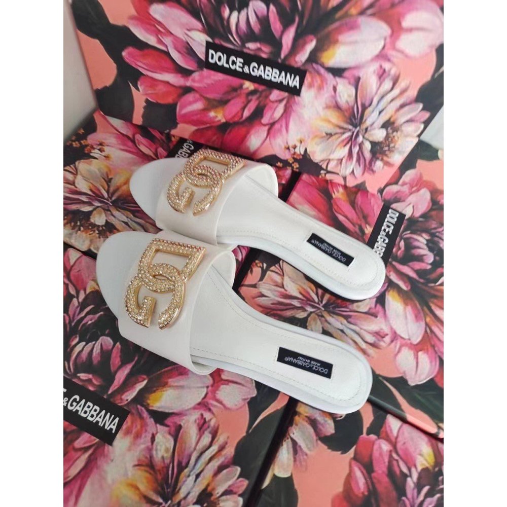Cheap Reps Dolce Gabbana White Slides with Rhinestone DG Logo