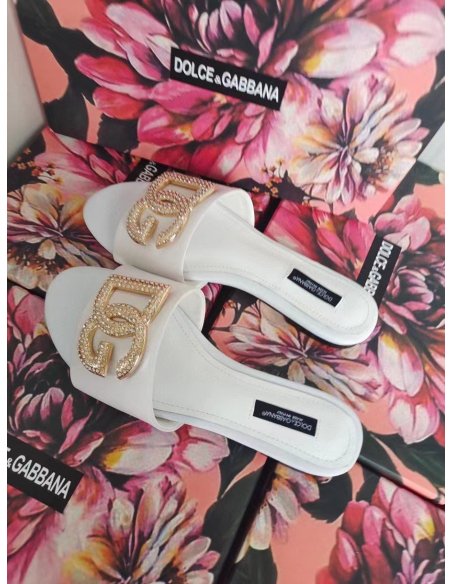 Cheap Reps Dolce Gabbana White Slides with Rhinestone DG Logo