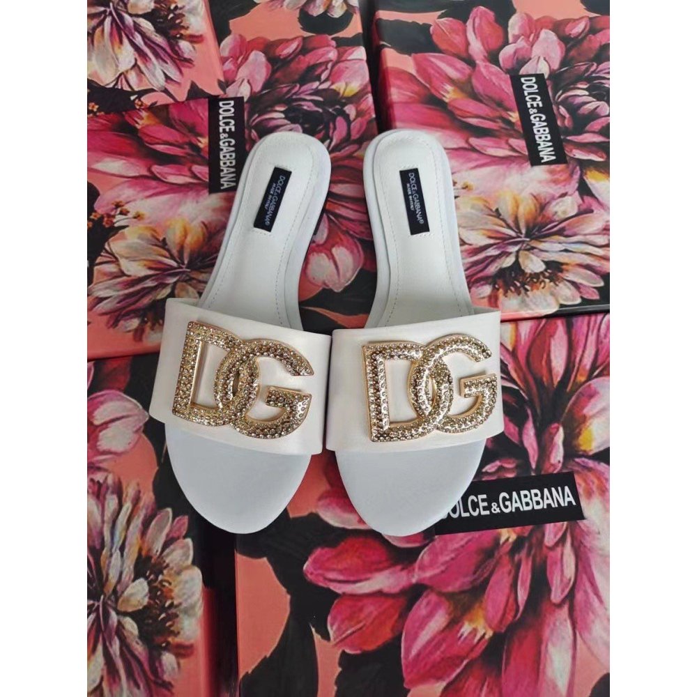 Cheap Reps Dolce Gabbana White Slides with Rhinestone DG Logo