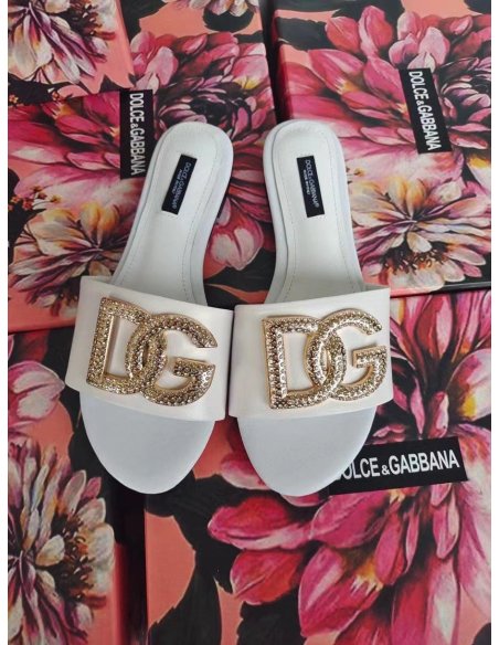 Cheap Reps Dolce Gabbana White Slides with Rhinestone DG Logo