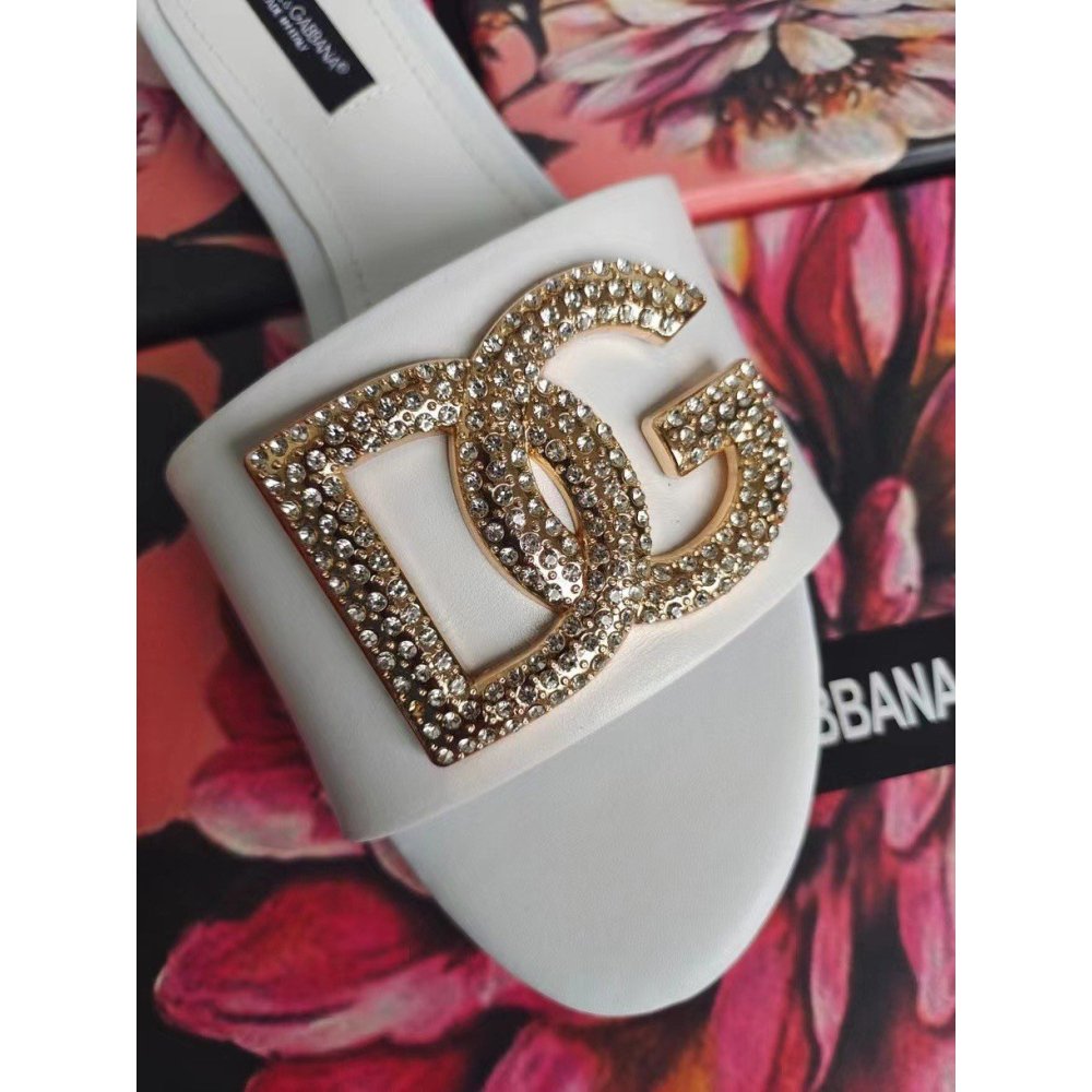 Cheap Reps Dolce Gabbana White Slides with Rhinestone DG Logo