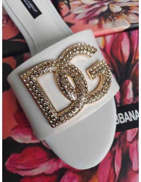 Cheap Reps Dolce Gabbana White Slides with Rhinestone DG Logo