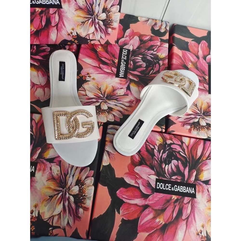Cheap Reps Dolce Gabbana White Slides with Rhinestone DG Logo