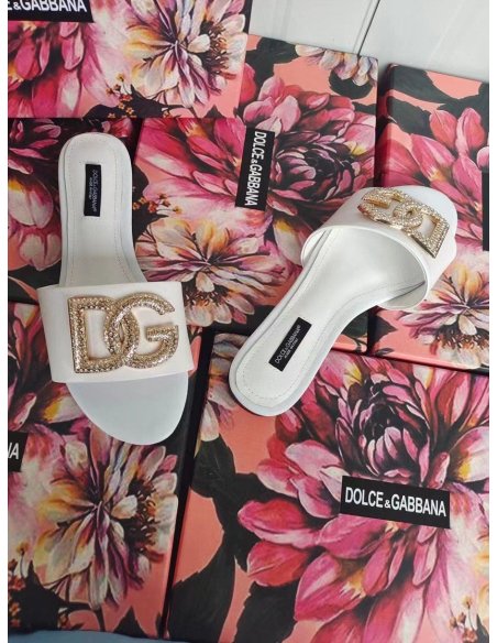 Cheap Reps Dolce Gabbana White Slides with Rhinestone DG Logo