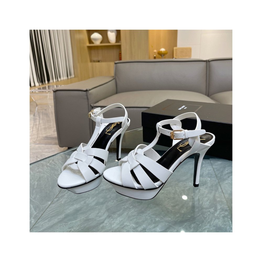 Cheap Reps Saint Laurent Tribute Platform Sandals 105mm In White Calfskin