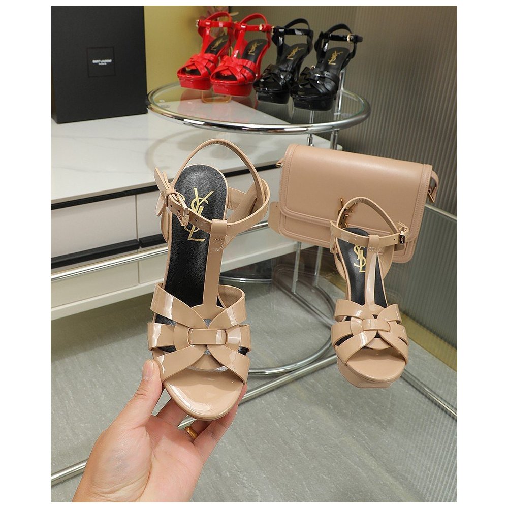 Cheap Reps Saint Laurent Tribute Platform Sandals 105mm In Poudre Patent Leather