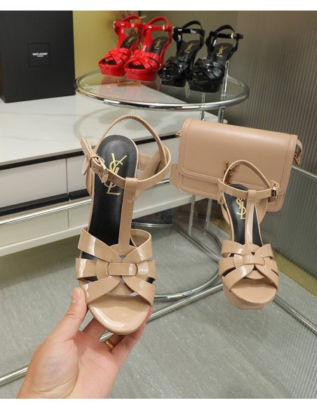 Cheap Reps Saint Laurent Tribute Platform Sandals 105mm In Poudre Patent Leather