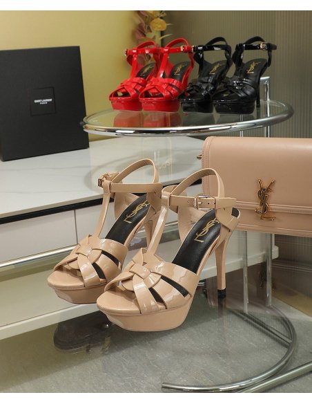 Cheap Reps Saint Laurent Tribute Platform Sandals 105mm In Poudre Patent Leather