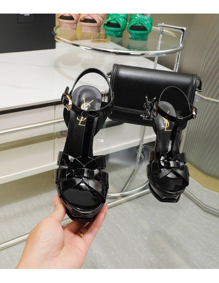 Cheap Reps Saint Laurent Tribute Platform Sandals 135mm In Black Patent Leather