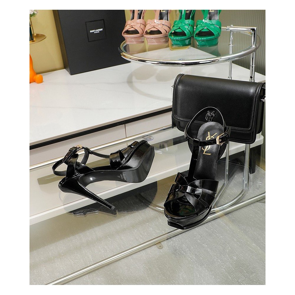 Cheap Reps Saint Laurent Tribute Platform Sandals 135mm In Black Patent Leather