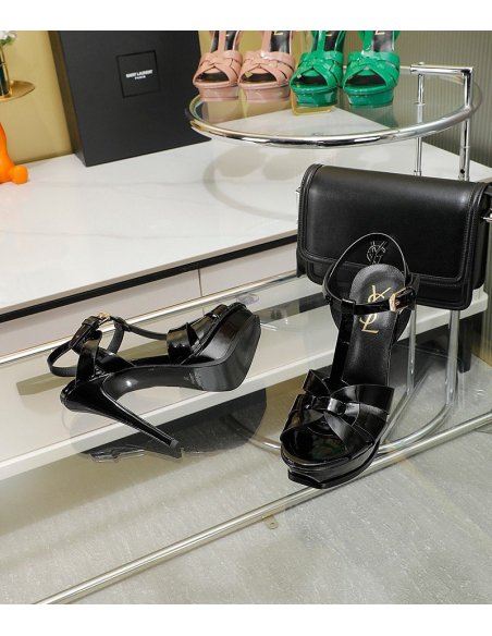 Cheap Reps Saint Laurent Tribute Platform Sandals 135mm In Black Patent Leather