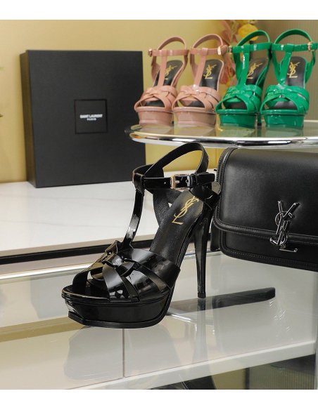 Cheap Reps Saint Laurent Tribute Platform Sandals 135mm In Black Patent Leather