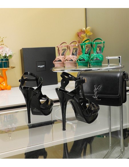 Cheap Reps Saint Laurent Tribute Platform Sandals 135mm In Black Patent Leather