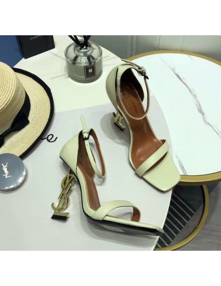 Cheap Reps Saint Laurent Opyum 110 White Sandals with Gold YSL Heel