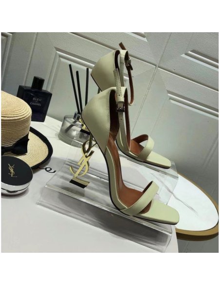 Cheap Reps Saint Laurent Opyum 110 White Sandals with Gold YSL Heel