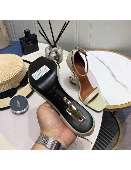 Cheap Reps Saint Laurent Opyum 110 White Sandals with Gold YSL Heel