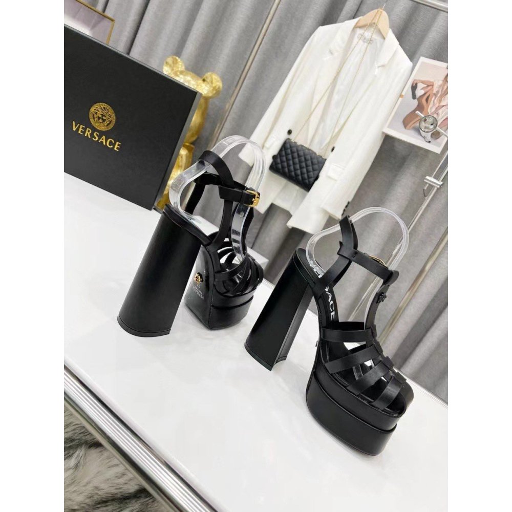 Cheap Reps Versace La Medusa Platform Sandals In Black Calfskin