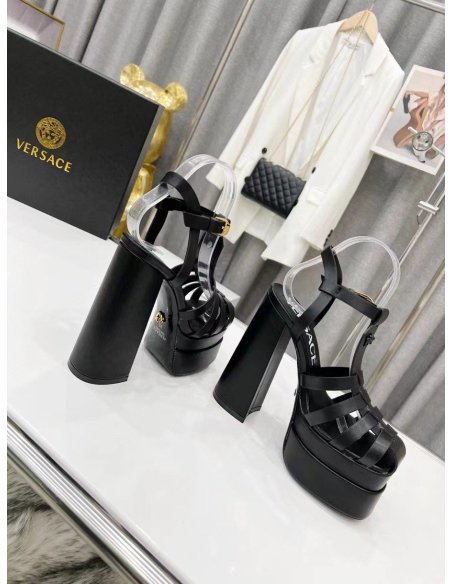 Cheap Reps Versace La Medusa Platform Sandals In Black Calfskin