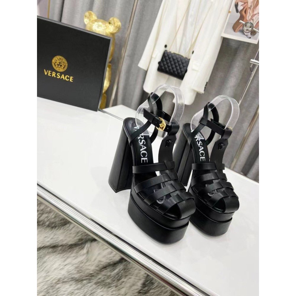 Cheap Reps Versace La Medusa Platform Sandals In Black Calfskin