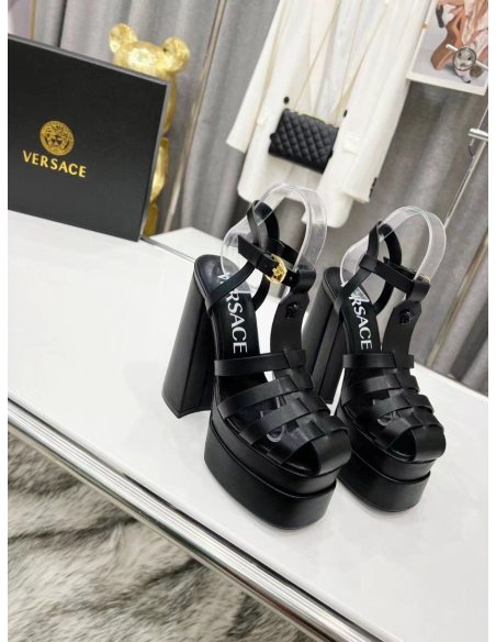 Cheap Reps Versace La Medusa Platform Sandals In Black Calfskin