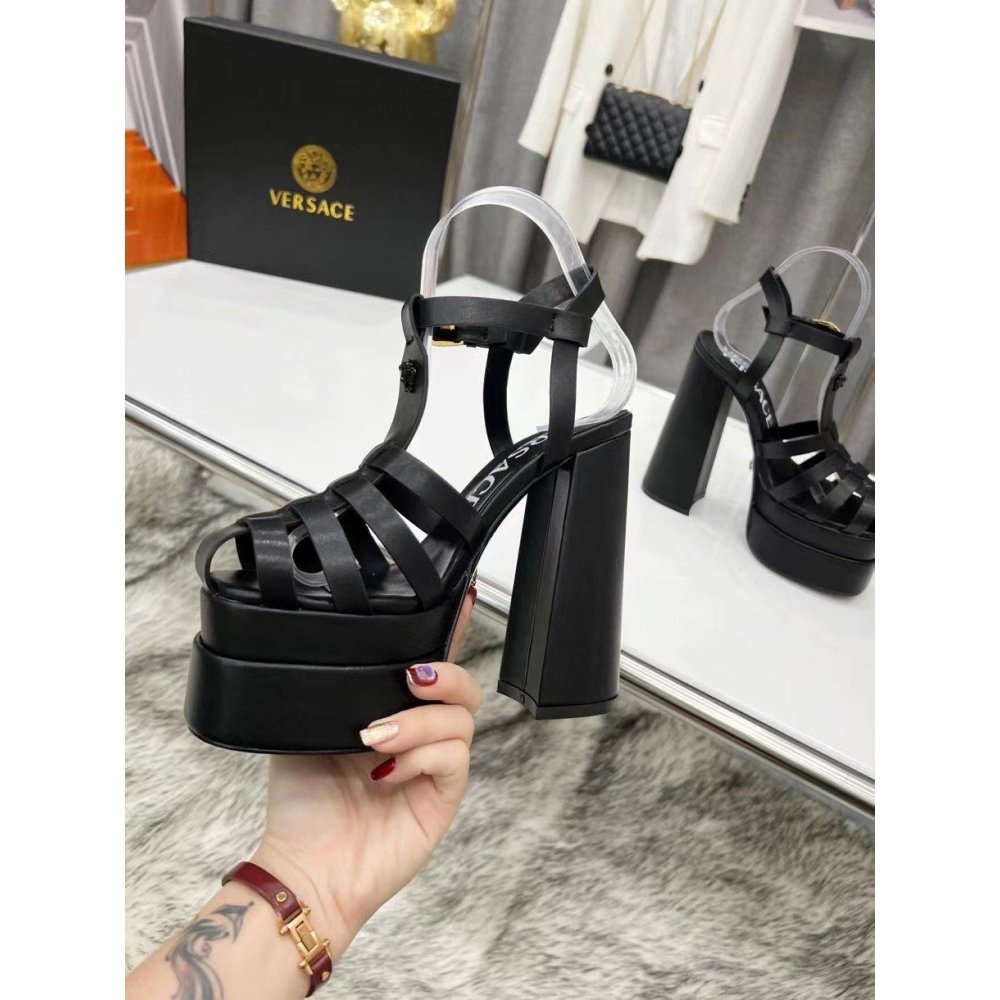 Cheap Reps Versace La Medusa Platform Sandals In Black Calfskin