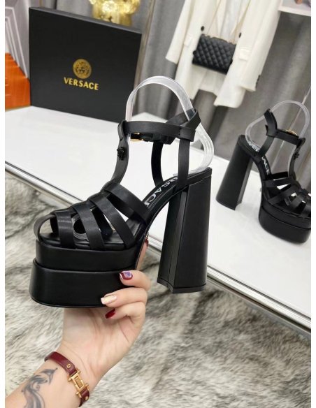 Cheap Reps Versace La Medusa Platform Sandals In Black Calfskin