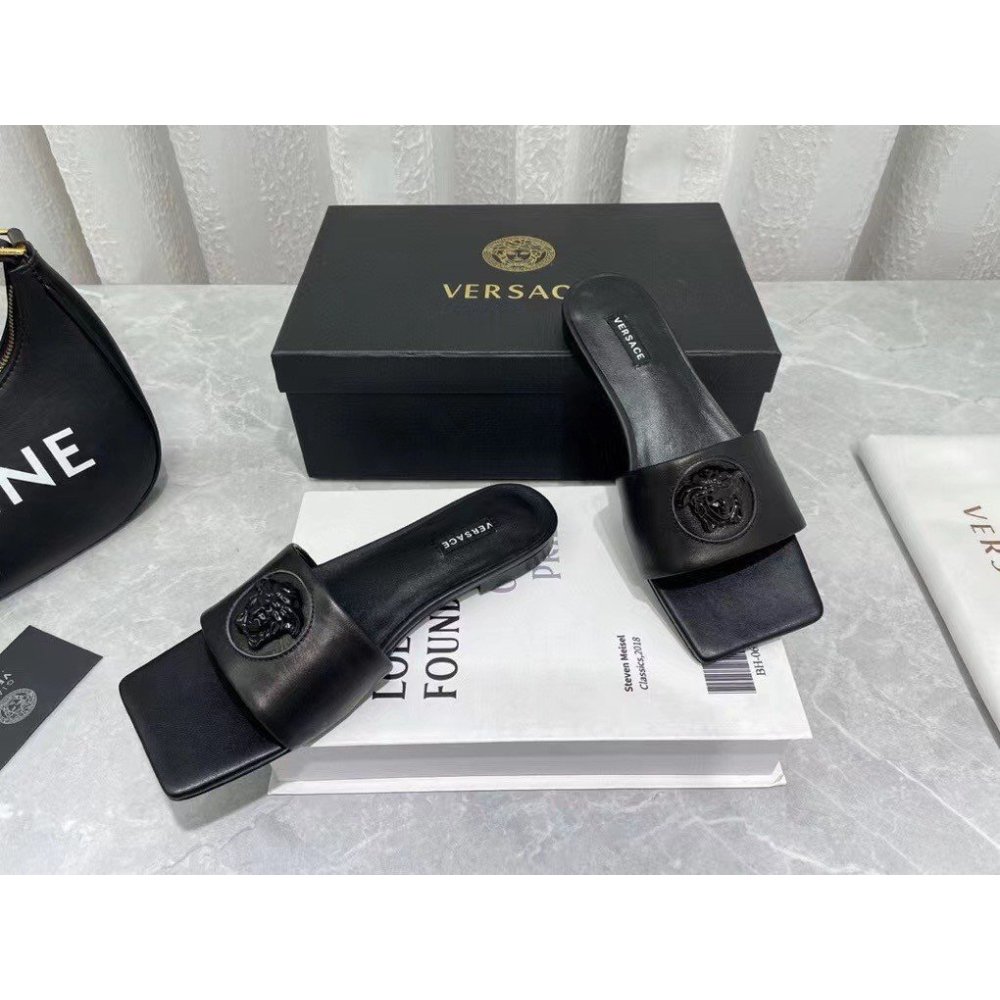 Cheap Reps Versace La Medusa Slides In Black Calfskin