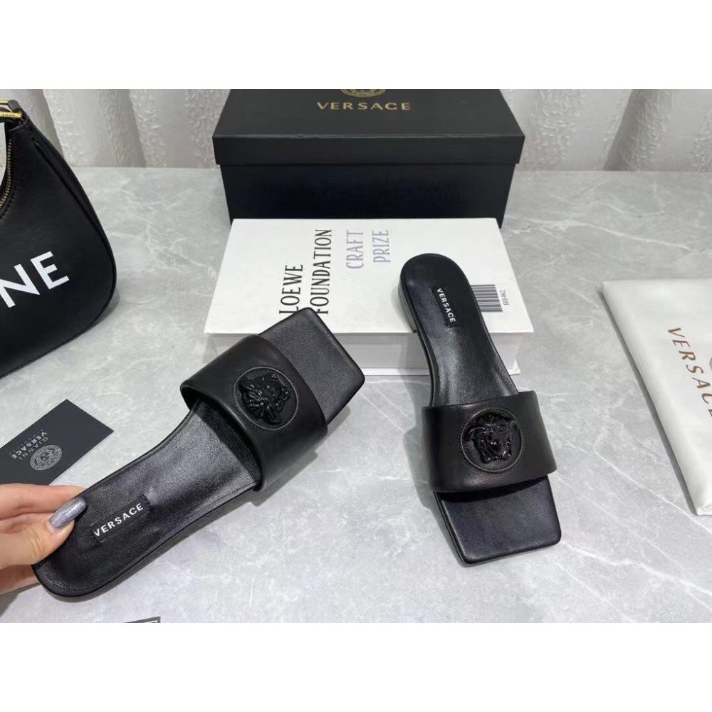 Cheap Reps Versace La Medusa Slides In Black Calfskin