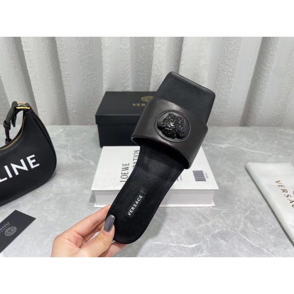 Cheap Reps Versace La Medusa Slides In Black Calfskin