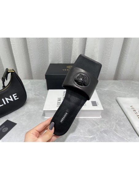 Cheap Reps Versace La Medusa Slides In Black Calfskin