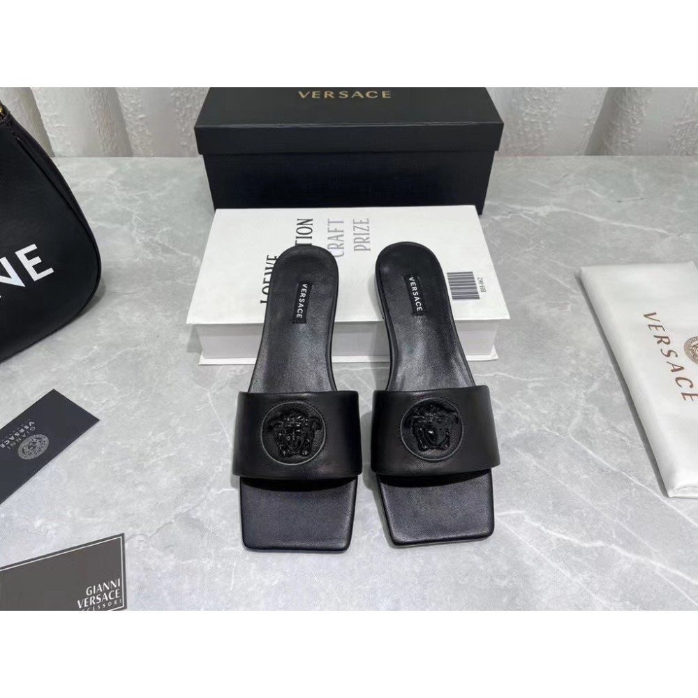 Cheap Reps Versace La Medusa Slides In Black Calfskin