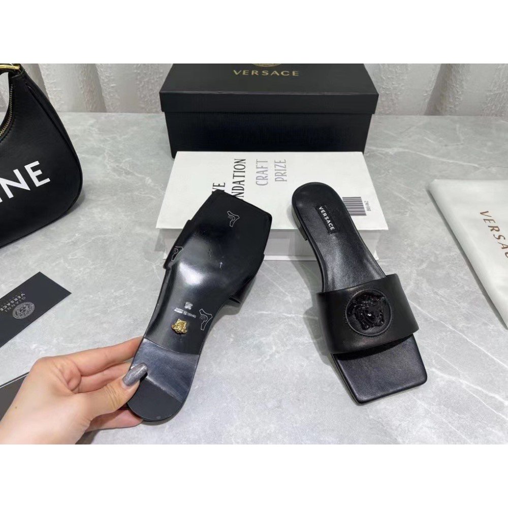 Cheap Reps Versace La Medusa Slides In Black Calfskin