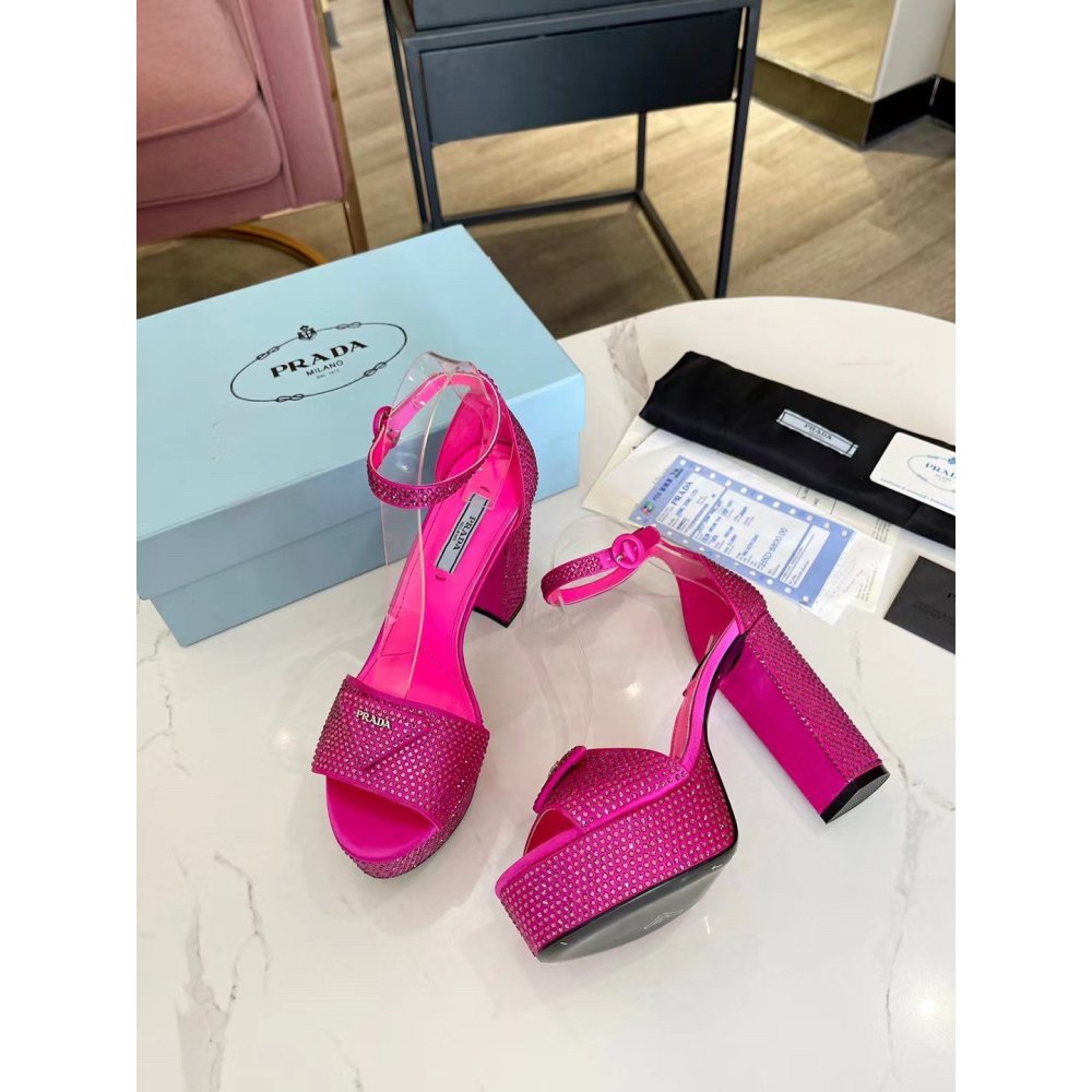 Cheap Reps Prada Platform Sandals 135mm in Red Satin with Crystals