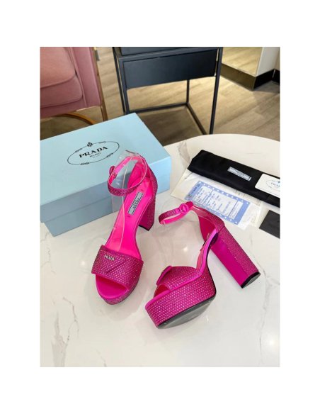 Cheap Reps Prada Platform Sandals 135mm in Red Satin with Crystals