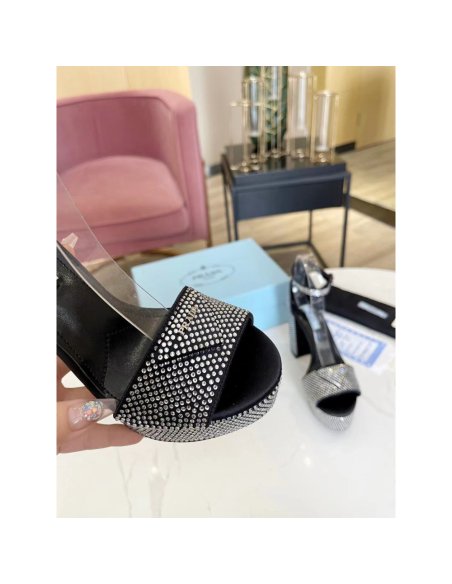 Cheap Reps Prada Platform Sandals 135mm in Black Satin with Crystals