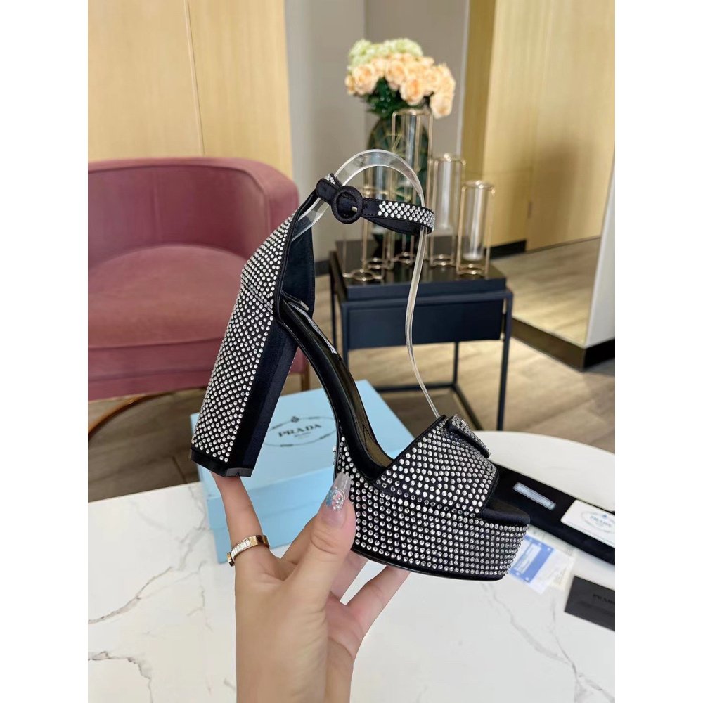 Cheap Reps Prada Platform Sandals 135mm in Black Satin with Crystals