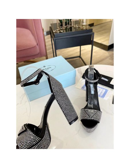Cheap Reps Prada Platform Sandals 135mm in Black Satin with Crystals