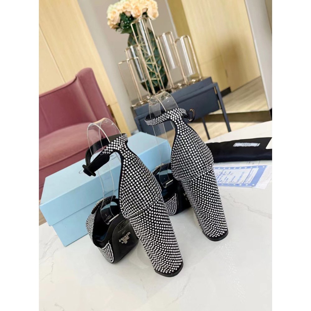 Cheap Reps Prada Platform Sandals 135mm in Black Satin with Crystals