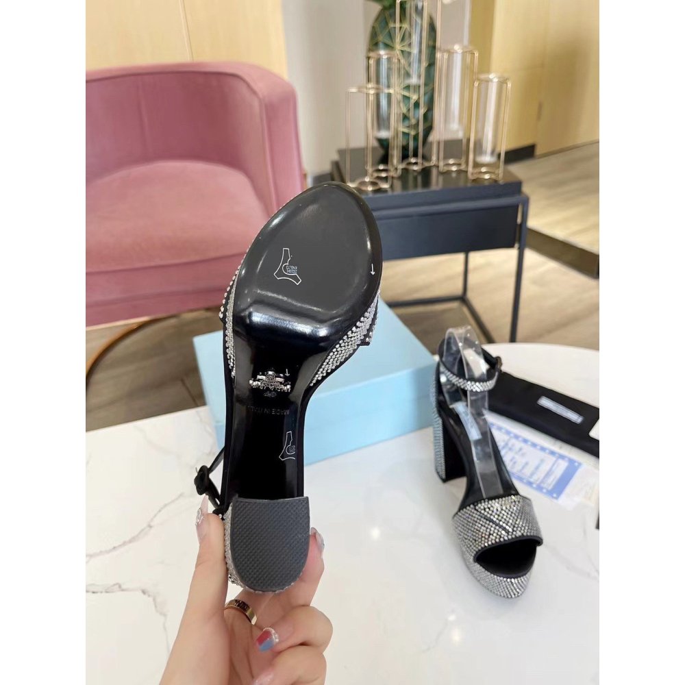 Cheap Reps Prada Platform Sandals 135mm in Black Satin with Crystals