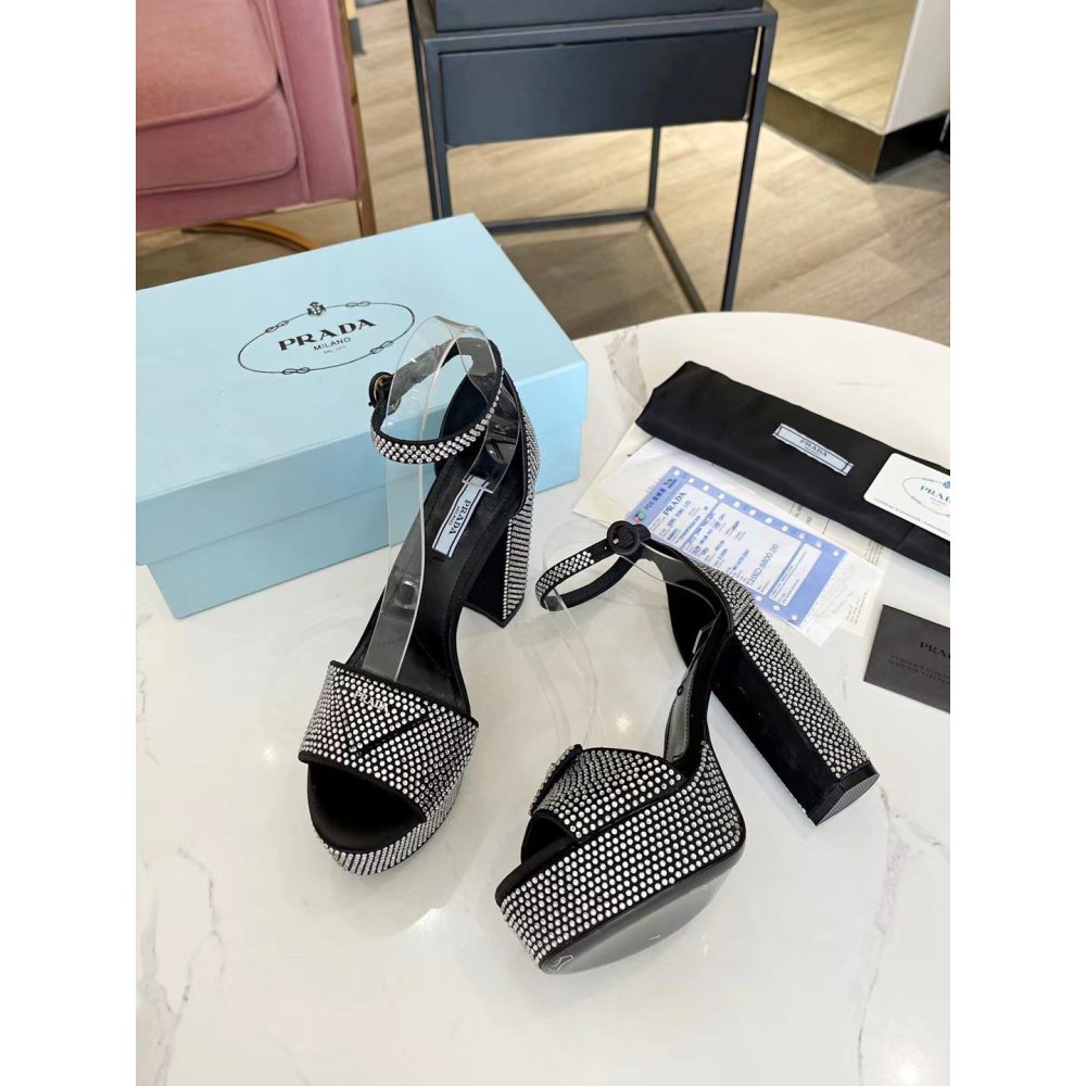 Cheap Reps Prada Platform Sandals 135mm in Black Satin with Crystals