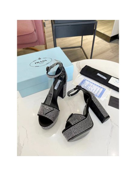 Cheap Reps Prada Platform Sandals 135mm in Black Satin with Crystals