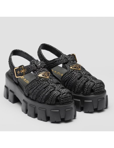 Cheap Reps Prada Monolith Crochet Cage Sandals in Black Raffia Fabric