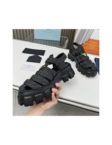 Cheap Reps Prada Monolith Crochet Cage Sandals in Black Raffia Fabric