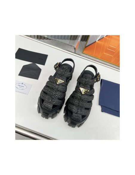 Cheap Reps Prada Monolith Crochet Cage Sandals in Black Raffia Fabric