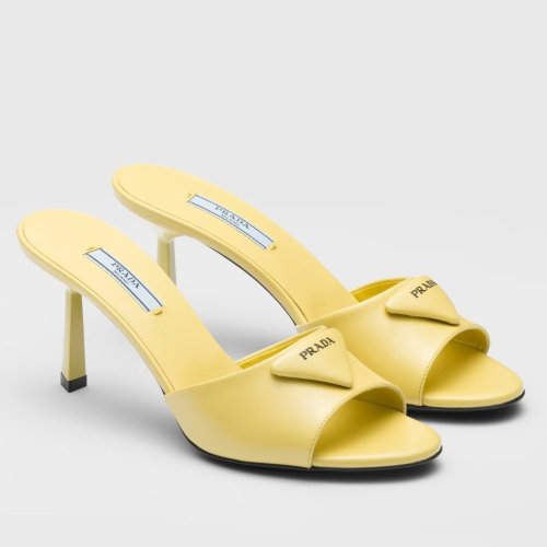 Cheap Reps Prada Heeled Sandals 75mm in Yellow Brushed Leather