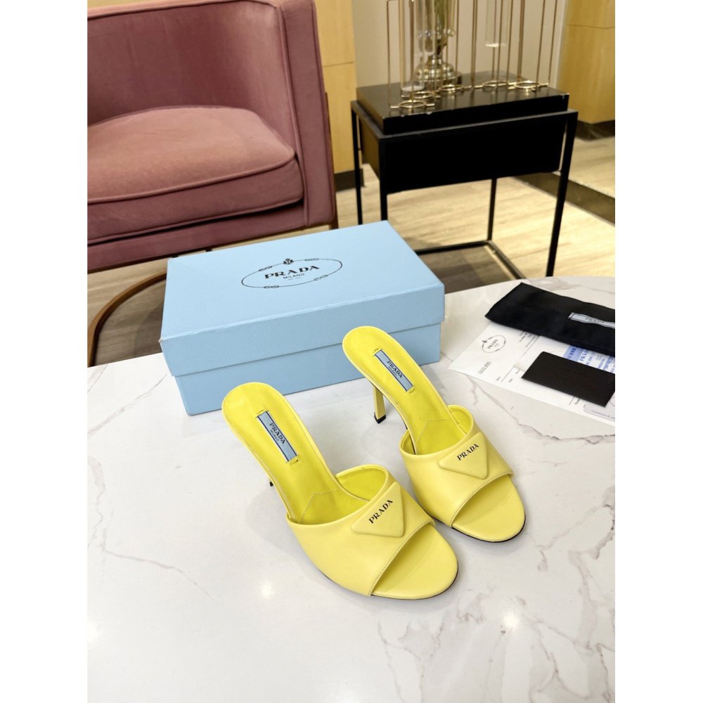 Cheap Reps Prada Heeled Sandals 75mm in Yellow Brushed Leather