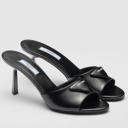 Cheap Reps Prada Heeled Sandals 75mm in Black Brushed Leather