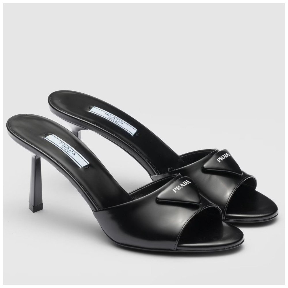 Cheap Reps Prada Heeled Sandals 75mm in Black Brushed Leather